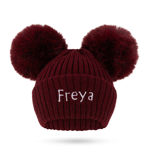 Burgundy Double Pom Faux Fur Hat